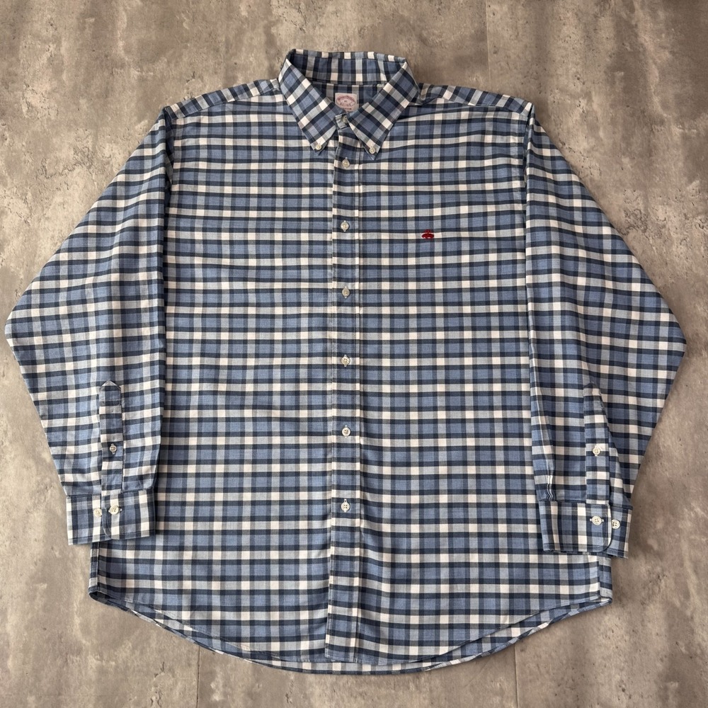Brooks Brothers Madison Shirt Mens XL Blue Plaid Non Iron Supima Cotton Button